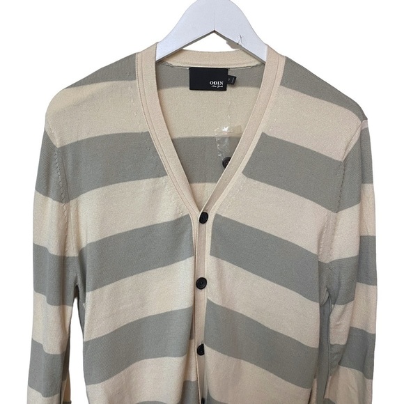 ODIN Cotton Cardigan Size M Striped Sweater Gray Beige College Preppy  NWOT - Picture 1 of 8